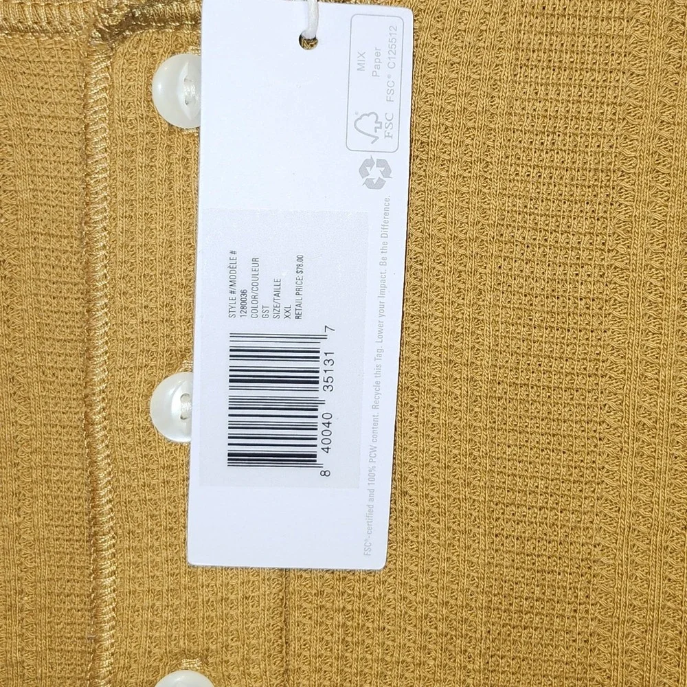 Outerknown Hightide Henley Mens XL Mustard Yellow Waffle Knit‎ Long Sleeve Shirt